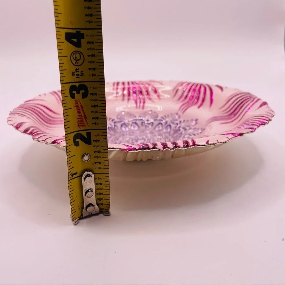 Turkish EFE Glass Bowl Pink & Silver Embossed, 8” Wide, 2” Deep